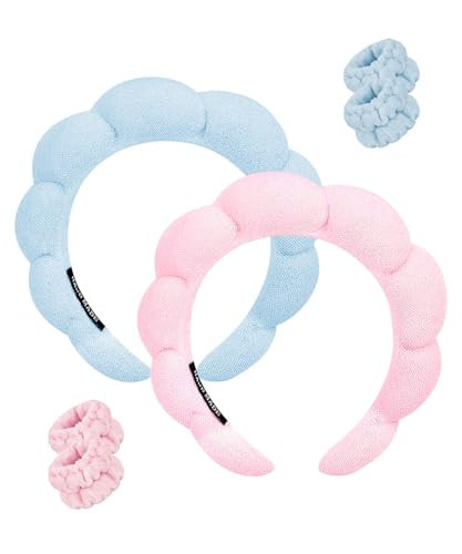 Ocoullow Spa Headbands for Washing Face - 2 Pack Skincare Headbands and Wristband Set for Women Girls - Puffy Makeup Headbands for Face Washing, Makeup Removal (Pink & Blue) | Amazon (US)