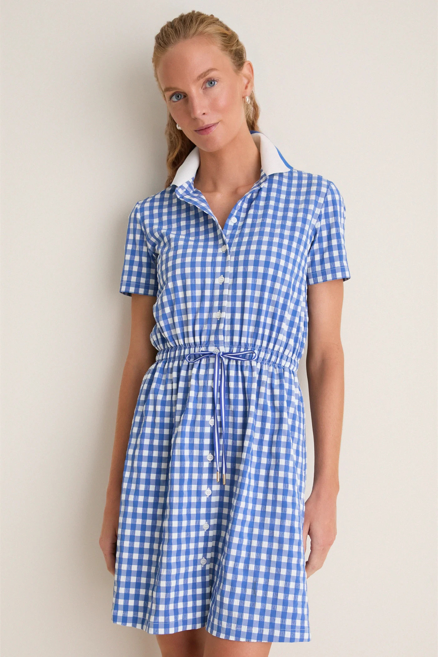Cobalt Blue Gingham Short Sleeve Performance Seersucker Alcott Golf Dress | Tuckernuck (US)