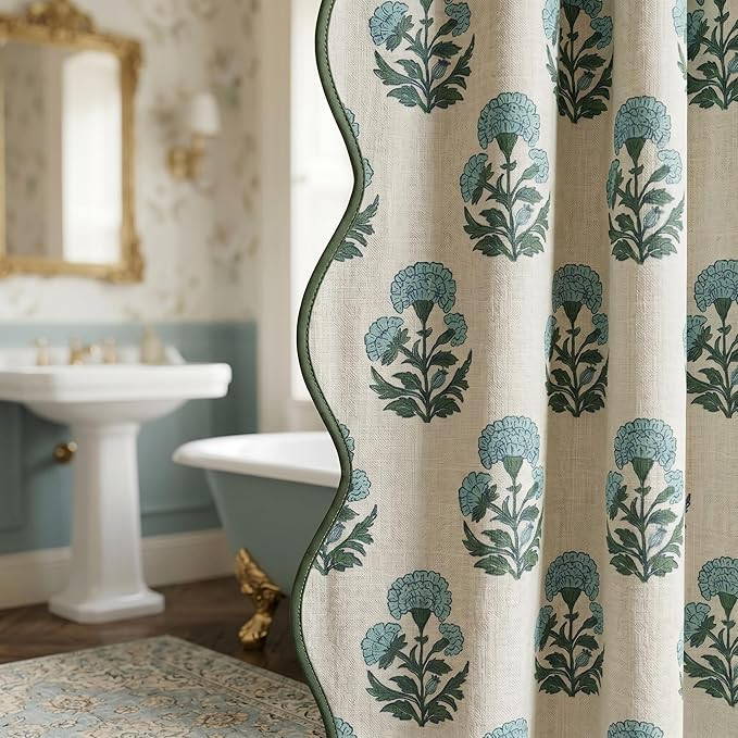 Boomkin Block Print Shower Curtain Blue and White Shower Curtain Set Linen Textured with 12 Hooks... | Amazon (US)