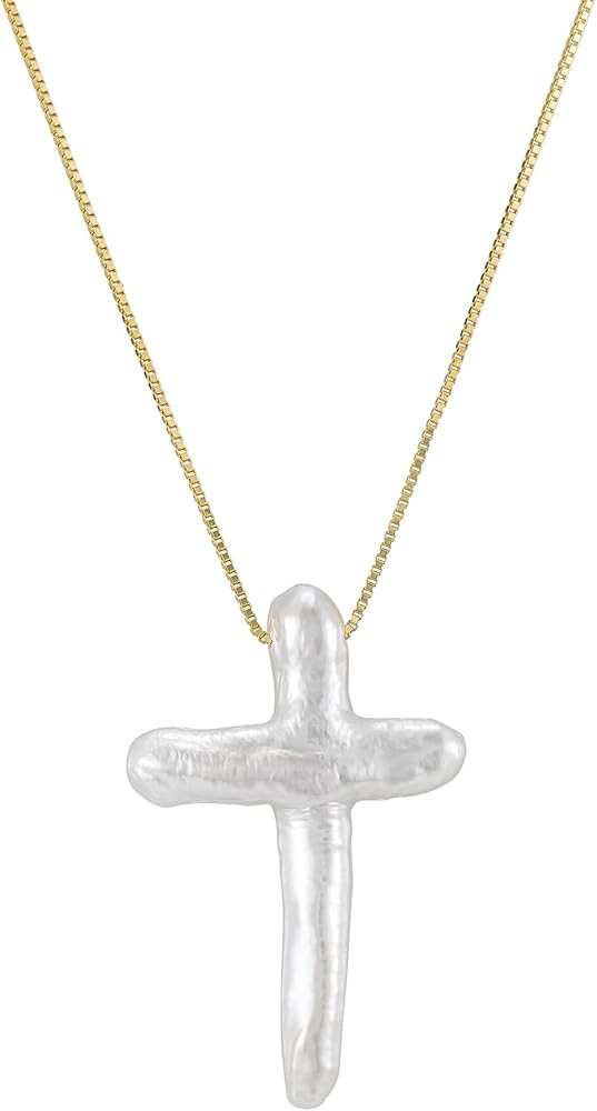 White Pearl Cross Necklace Gold Filled Sterling Silver Box Chain Necklace Freshwater Pearl Cross ... | Amazon (US)