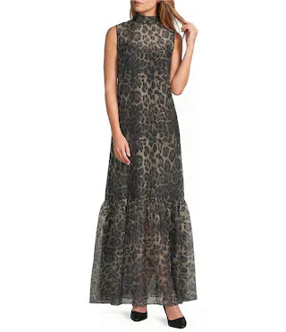 Antonio Melani Uma Leopard Organza Tie Back Turtle Neck Sleeveless Maxi Dress -  6 | Dillard's