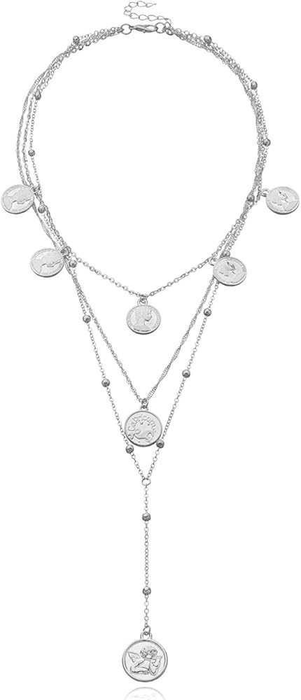 Amazon.com: SRUCVOU Layered Coin Disc Beaded Y Lariat Long Pendant Necklace For Women Vintage Boh... | Amazon (US)