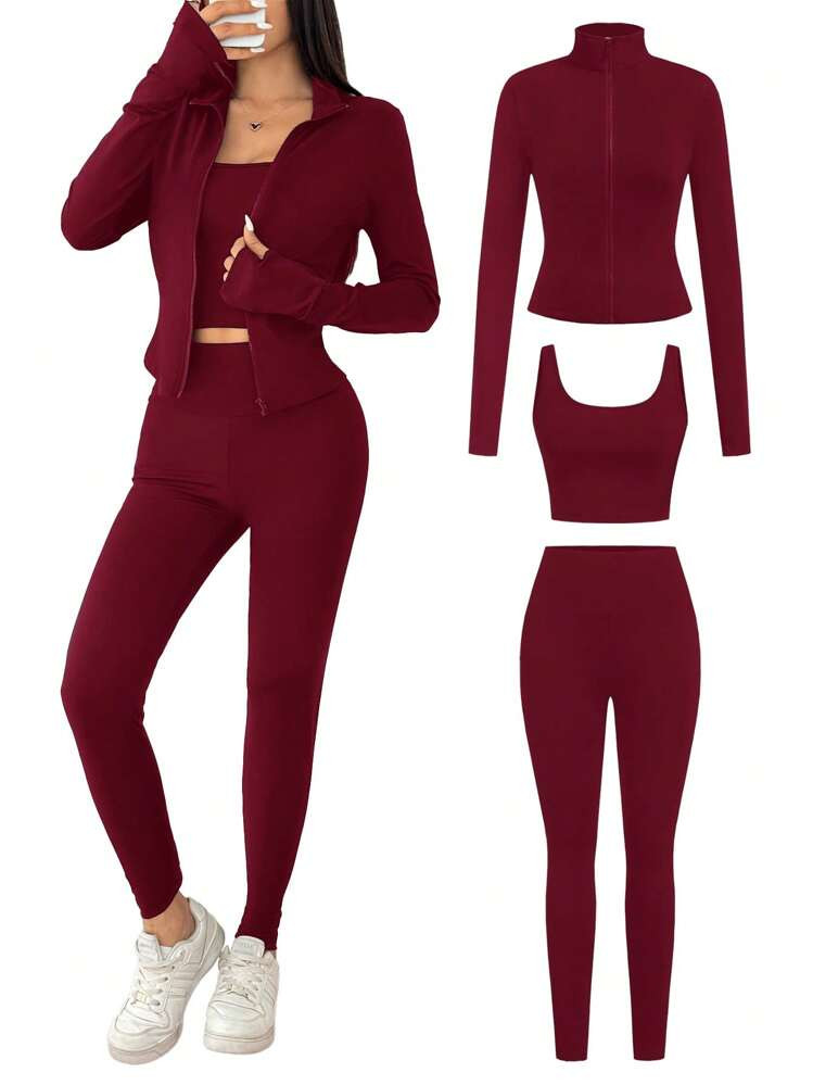 SHEIN EZwear Red Women's Spring/Summer Knit Sports Set | SHEIN