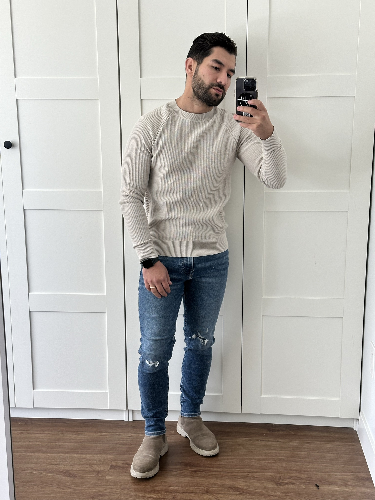 Casual day outfit 
I really love how this express jeans fit. They look “casual” but something about the fit makes them look elevated and “business” ready too. Tan seater from Zara and tan Chelsea shoes from ASOS 

#LTKGiftGuide #LTKHoliday #LTKmens