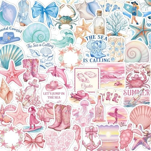 Beach Coastal Ocean Stickers - 100 Pcs Beachy Aesthetic Water Bottle Stickers, Pink Blue Waterpro... | Amazon (US)