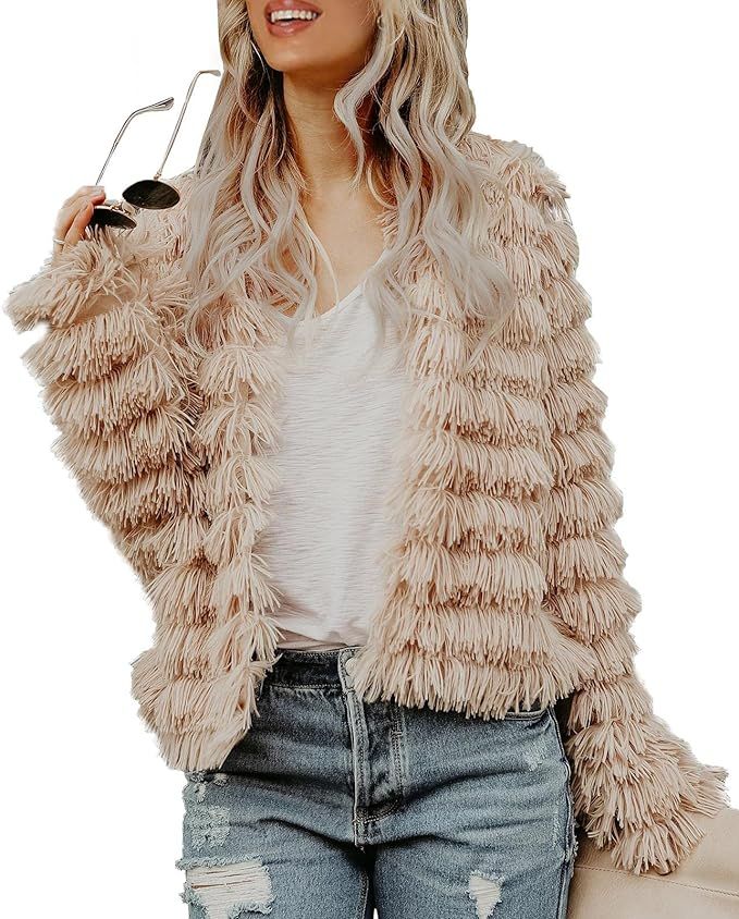 Amazon.com: Inorin Womens Fall Open Front Cardigan Faux Fur Coat Vintage Parka Shaggy Jacket Warm... | Amazon (US)