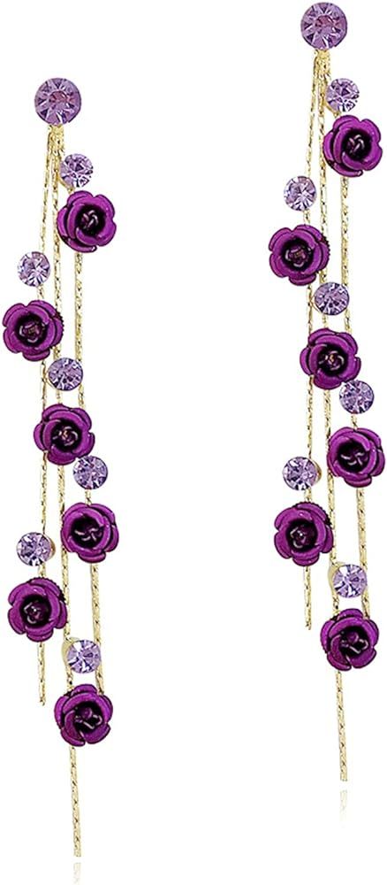 ANDPAI Unique Chic Long Tassel Chain Red Purple Rose Flower Dangle Drop Stud Earrings with White ... | Amazon (US)