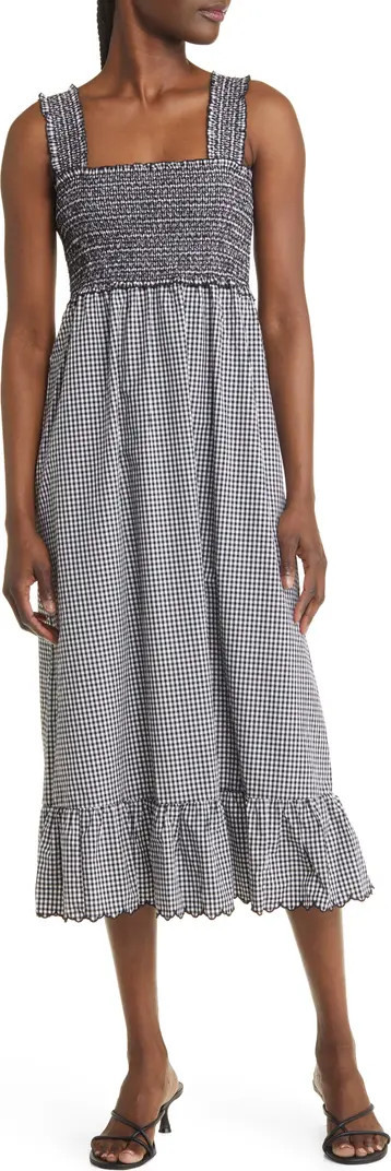 Rumi Smocked Gingham Organic Cotton Blend Midi Dress | Nordstrom