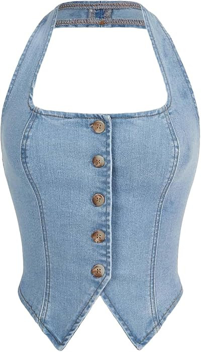 SHENHE Women's Denim Tops Y2K Halter Button Up Strapless Jean Vest Western Summer Going Out Top | Amazon (US)
