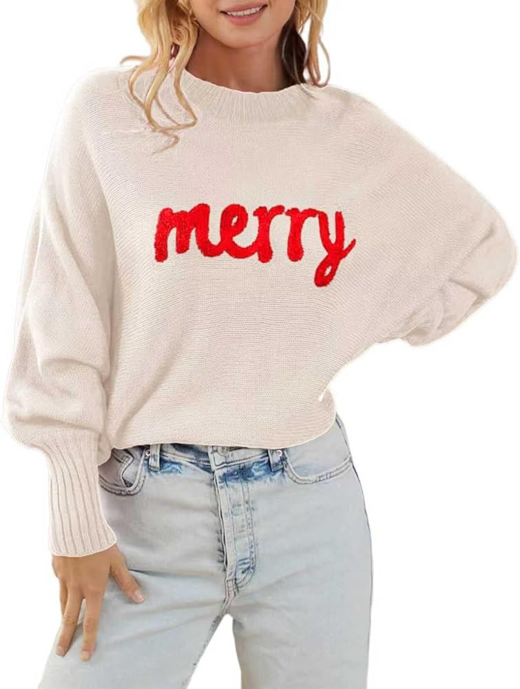 Christmas Sweaters for Women Merry Graphic Long Batwing Sleeve Pullover Winter Xmas Sweater | Amazon (US)