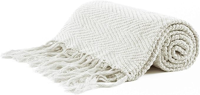 Longhui bedding Cream Fringe Knit Cotton Throw Blanket, 50 x 60 Inches Decorative Knitted Cover w... | Amazon (US)