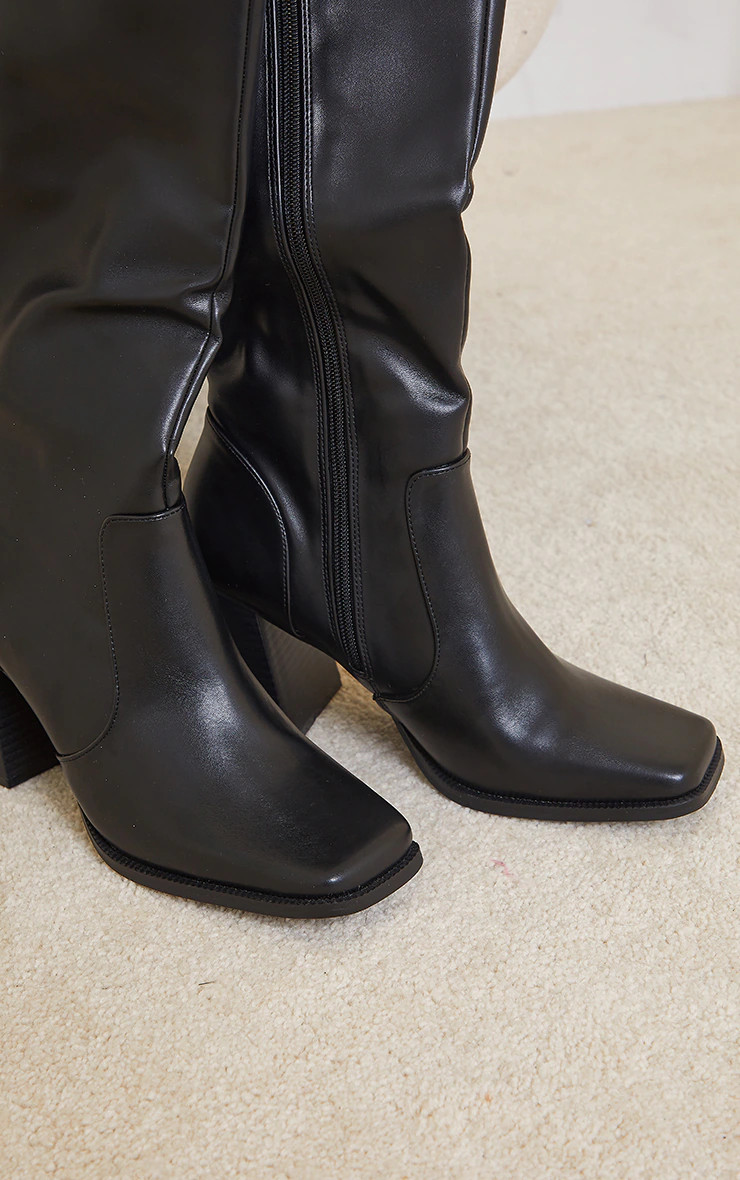Black Square Toe Flare Block Heel Knee High Boots | Pretty Little Thing (Australia & New Zealand)