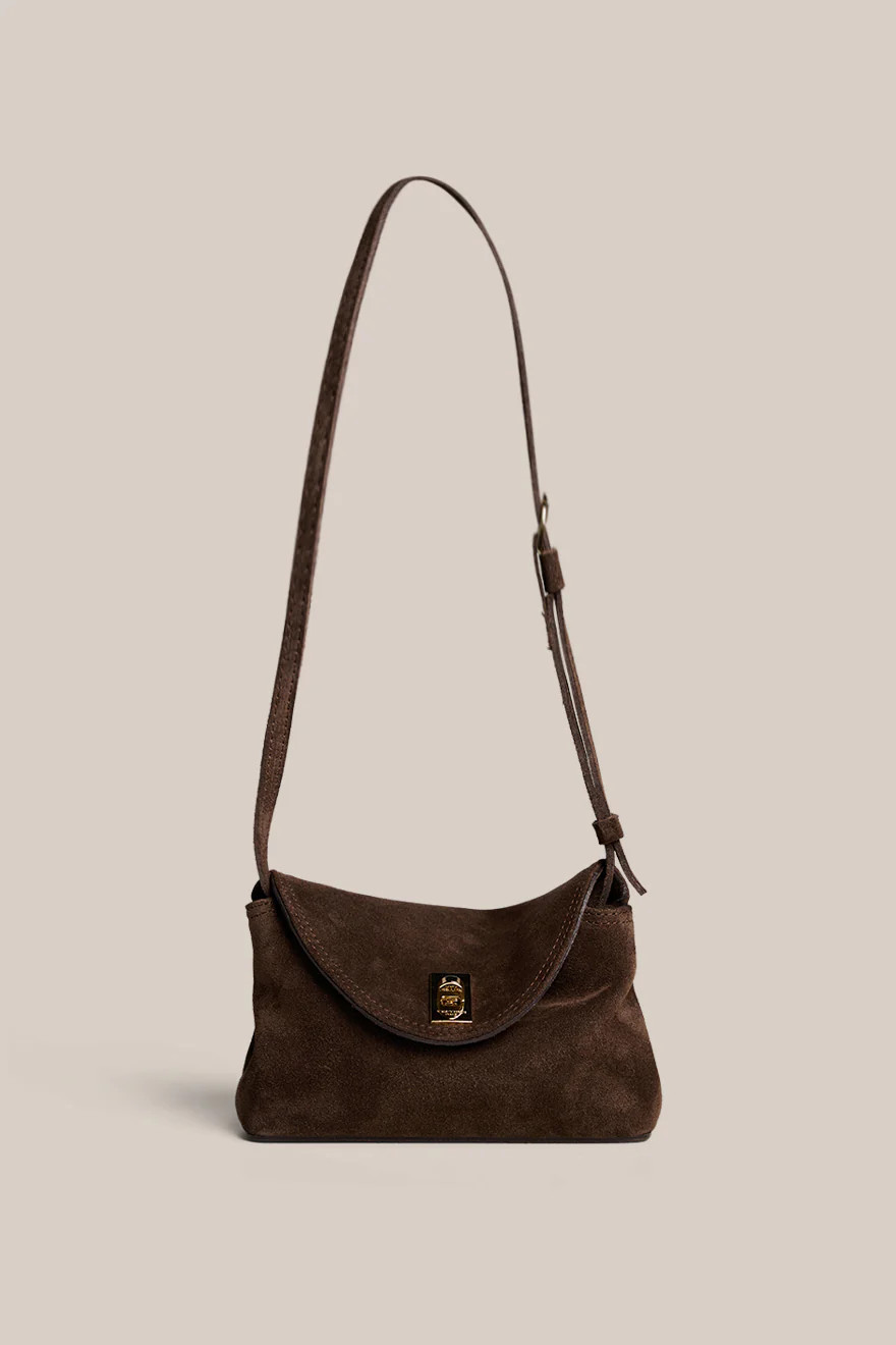 Sloane Mini Dark Chocolate Suede Crossbody Clutch | VESTIRSI