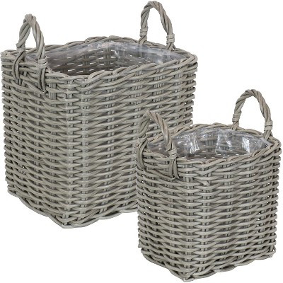 2pc Polyrattan Rectangle Gray Basket Planters with Handles -14.5 " and 11.75" - Sunnydaze Decor | Target