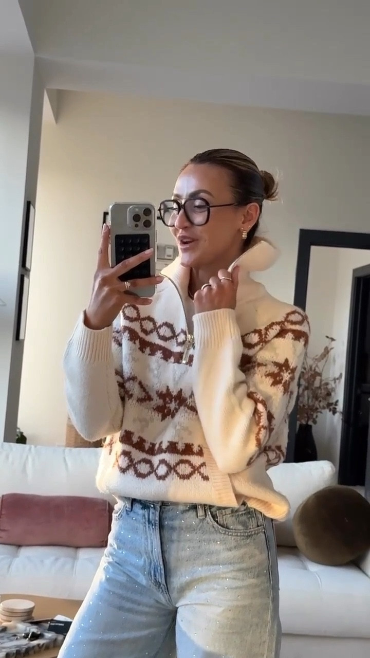 A simple winter outfit idea ❄️ I can’t get enough of this cozy Varley sweater!The festive pattern and ultra-soft fabric are simply amazing for cold and dreary days. I’m also loving these sparkle jeans, which are perfect for the holidays. Plus, these Amazon belts would make the best last minute stocking stuffer — I wear them constantly and think they’re a great designer dupe! 

#LTKStyleTip #LTKSeasonal #LTKFindsUnder100