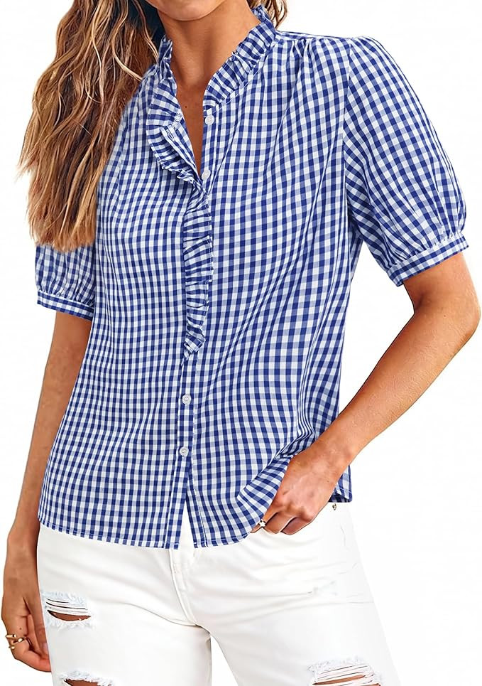Women Plaid Shirt Gingham Short Sleeve Top Button Down Ruffle V Neck Dress Shirts Cotton Casual W... | Amazon (US)