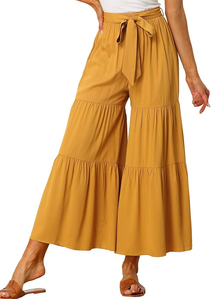 Allegra K Women's Boho Elastic High Waisted Ruffles Flare Palazzo Wide Leg Pants | Amazon (US)