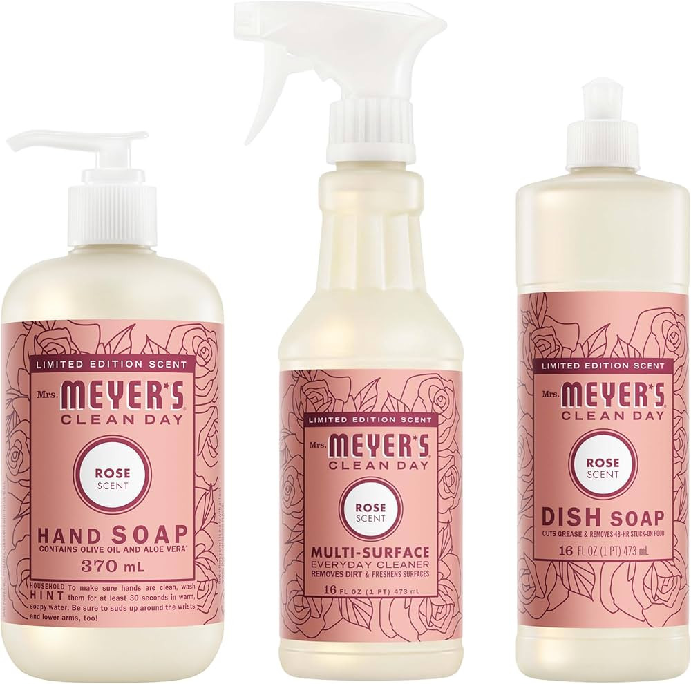 Mrs. MEYER'S Rose Scent Kitchen Basics Set, Dish Soap, Hand Soap, Multi-Surface Everyday Cleaner ... | Amazon (US)