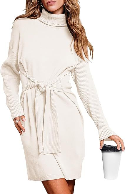 dowerme Women's Casual Turtleneck Long Sleeve Tie Waist Sweater Dress 2023 Fall Winter Ribbed Kni... | Amazon (US)