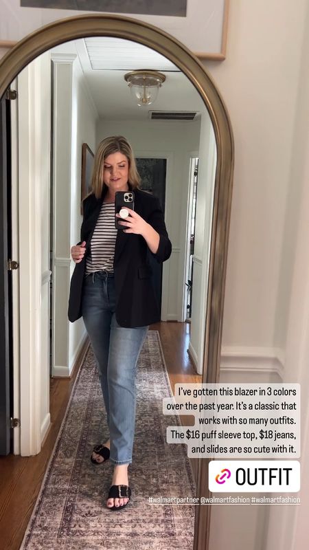 My go-to outfit from @walmartfashion when I never know what to wear! #walmartpartner 

I have this $38 relaxed blazer in 3 colors now. It’s my fave! This $16 striped tee has balloon sleeves to dress it up a bit. And these classic slides look cute with so many outfits. Best teacher outfit ever! #walmartfashion 

#LTKstyletip #LTKmidsize #LTKfindsunder50