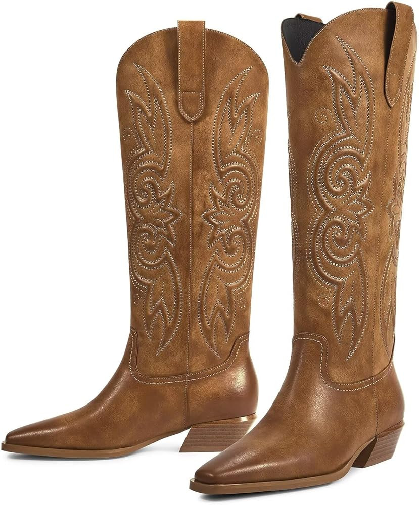 ISNOM Cowboy Cowgirl Boots for Women, Western Boots Square Toe Knee High Boots with Low Heel | Amazon (US)