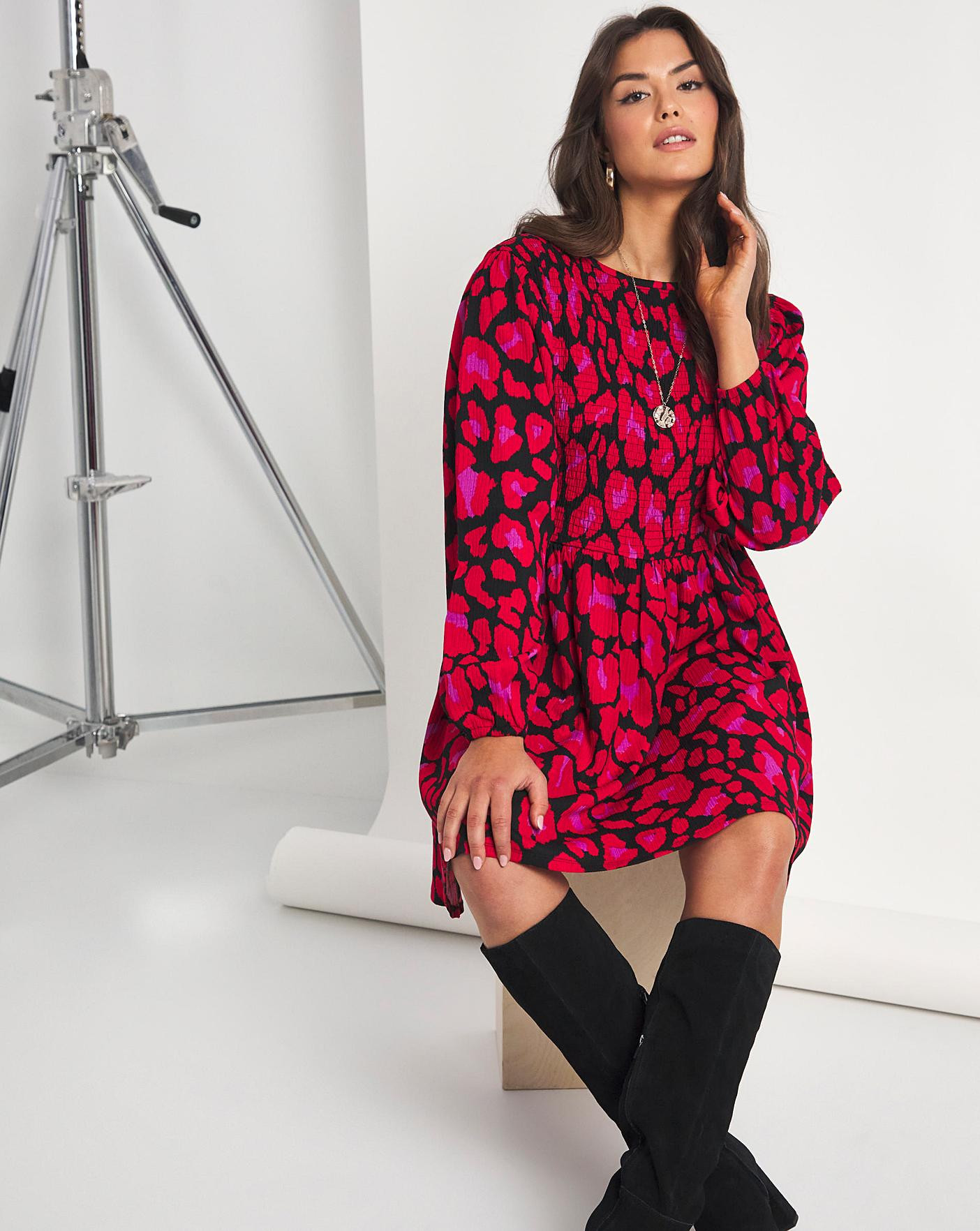 Emma Mattinson Black/Red Leopard Long Sleeve Waffle Shirred Skater Dress | Simply Be (UK)