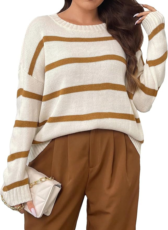 MakeMeChic Women's Plus Size Striped Print Crew Neck Long Sleeve Casual Loose Pullovers Sweater... | Amazon (US)