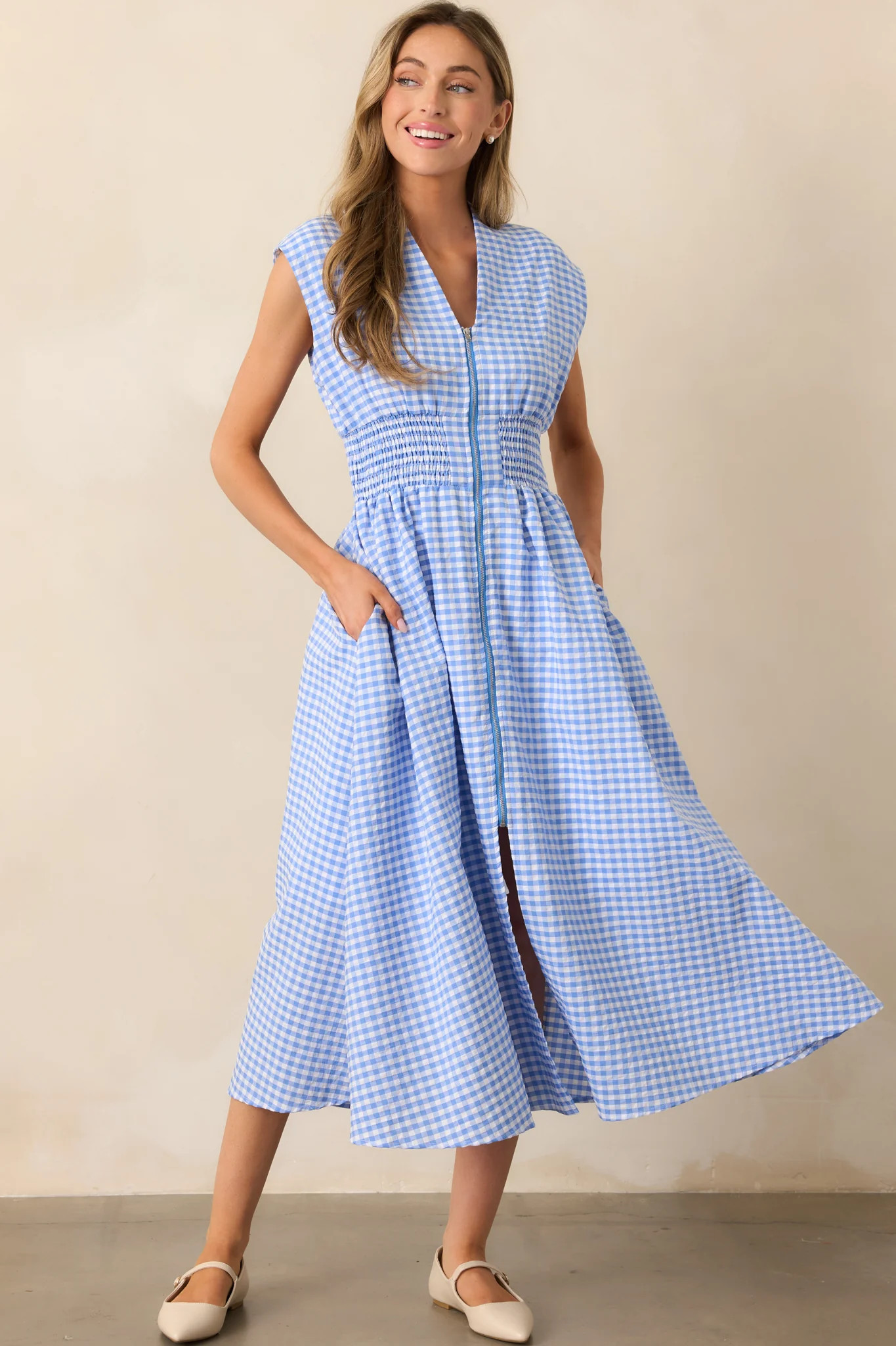 The Evette Blue Gingham Zip Front Midi Dress | Red Dress