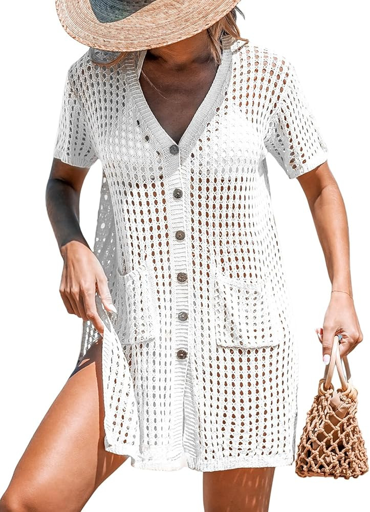 CUPSHE Crochet Swim Cover Up for Women Short Sleeve Button Front Summer Beach Cover Up Dress with... | Amazon (US)