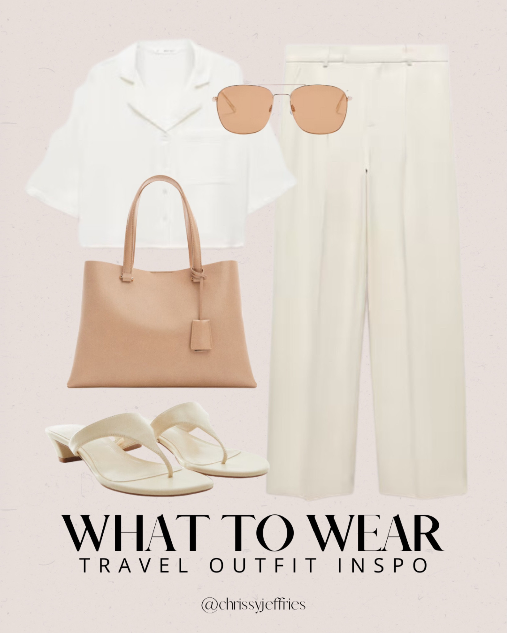 Elevate your travel style with this effortlessly chic outfit. Pair a relaxed white blouse with tailored cream trousers for a sophisticated and comfortable look. Complement the ensemble with stylish cream sandals and a versatile beige tote bag to carry all your essentials. Add a touch of elegance with sleek sunglasses. Perfect for exploring new cities or catching a flight, this outfit ensures you travel in style.

 #TravelOutfit #ChicTravel #TravelStyle #EffortlessFashion #SummerTravelFashion

#LTKtravel #LTKsummer #LTKmodest
