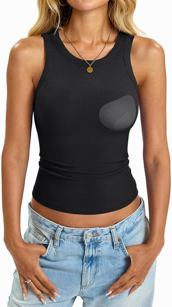 Womens Built in Shelf Bra Tank Tops Padded Ribbed High Neck Shirts Slim Fitted Basic Summer Sleev... | Amazon (US)