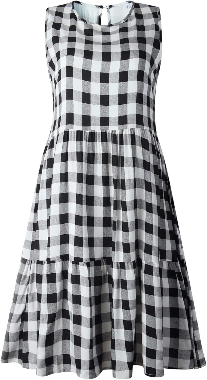 ECOWISH Women Dresses Plaid Sleeveless Summer Casual Sundress A Line Loose Swing T Shirt Mini Dre... | Amazon (US)