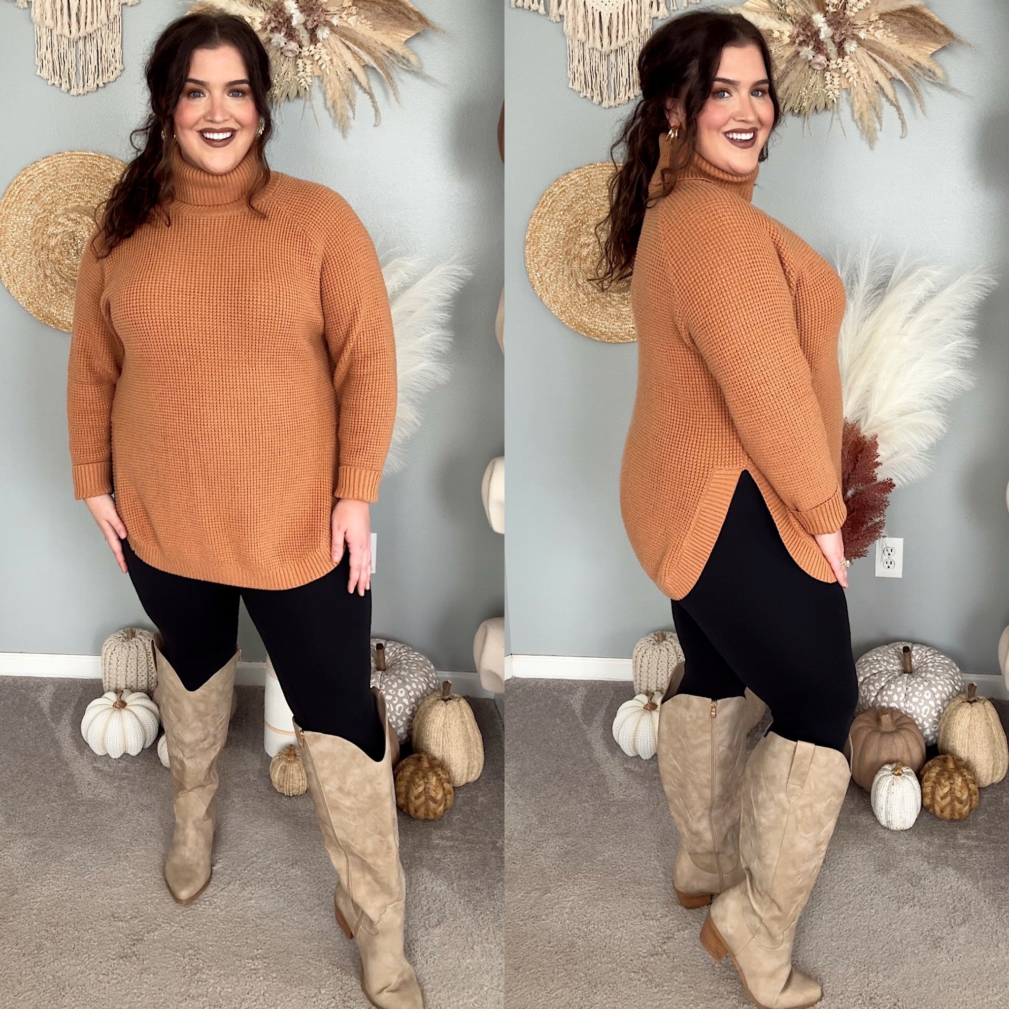 Amazon Fall outfit 🍂 Thanksgiving outfit inspo. Turtleneck tunic, leggings + wide calf boots
Size XL 

#LTKStyleTip #LTKPlusSize #LTKHoliday