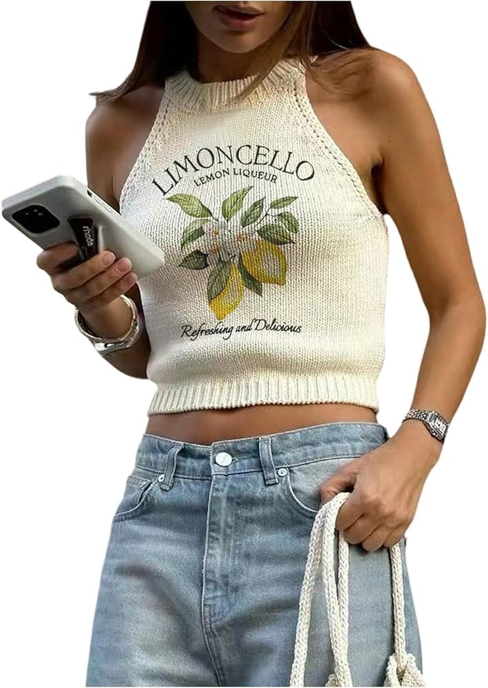 Women's Lemon Graphic Sleeveless Sweater Tank Top Knitted Slim Fit Crop Halter Tops | Amazon (US)