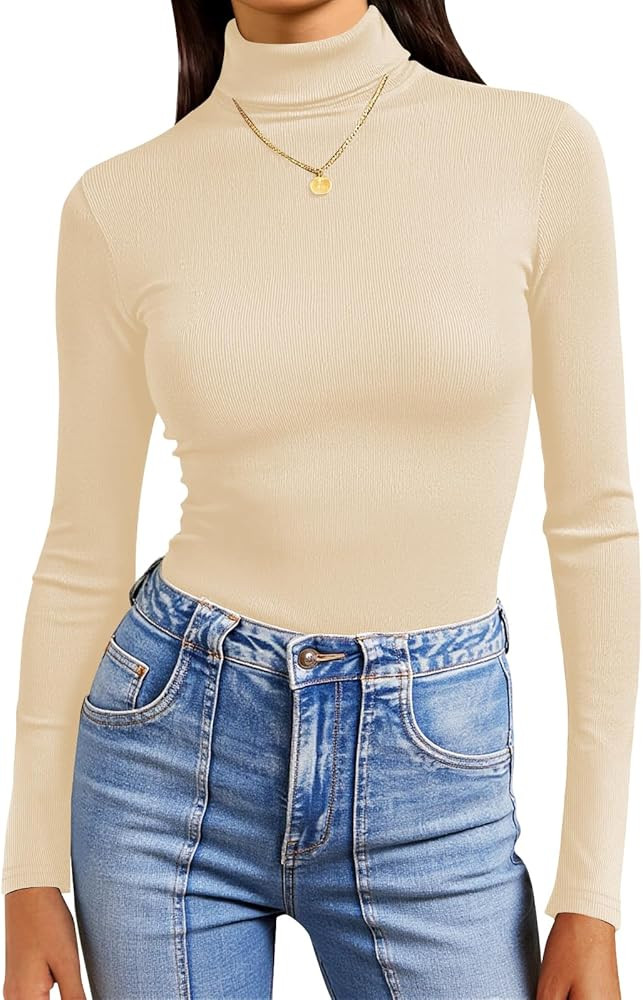 Poetsky Womens Turtleneck Long Sleeve Tops Fall Slim Fitted Shirts Ribbed Thermal Underwear Tops | Amazon (US)