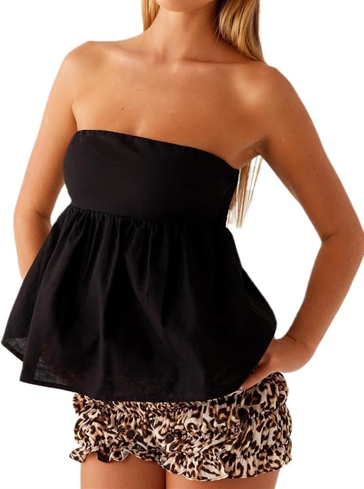 Aopwsrlyi Women's Strapless Peplum Top Summer Sleeveless Smocked Backless Ruffle Hem Bandeau Tube... | Amazon (US)
