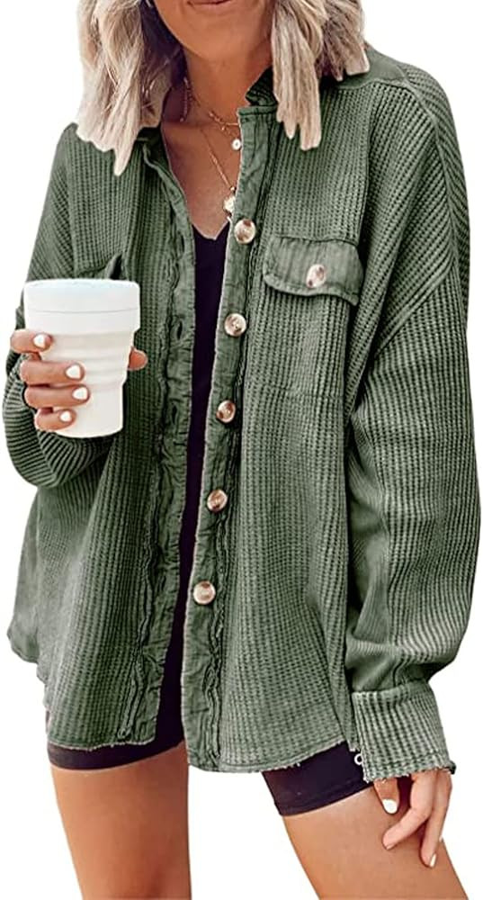 loveimgs Oversized Waffle Knit Shirt Women Fall Shacket Corduroy Long Sleeve Shirts Button Down S... | Amazon (US)