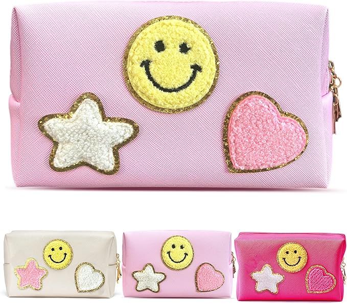 Nylea Preppy Stuff Patch Makeup Bag, PU Leather Smiley Face Makeup Bag Portable Waterproof Small ... | Amazon (US)