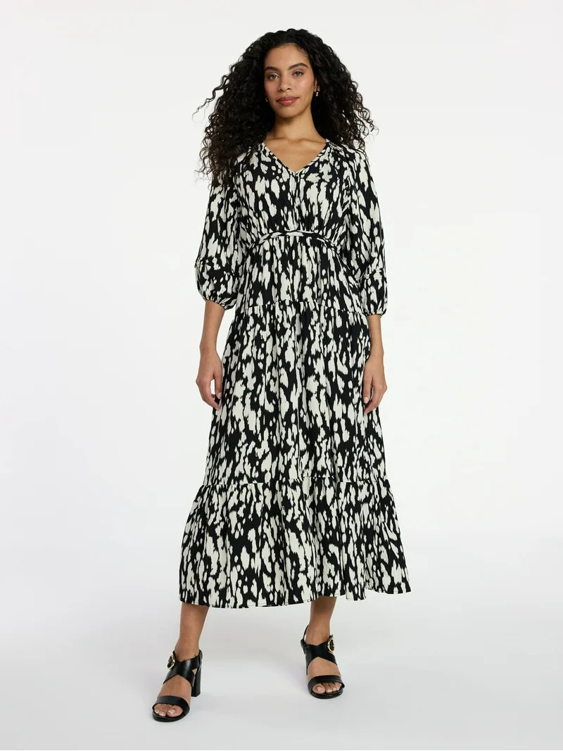 Time and Tru Women's V-Neck Maxi Dress with ¾-Length Sleeves, Sizes XS-XXXL | Walmart (US)
