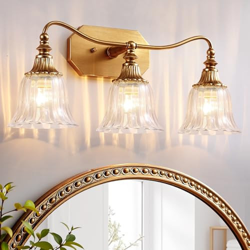 LmnLvn Gold Bathroom Vanity Light Fixture, 3 Lights Bathroom Lighting Matte Antique Brass Finish with Crystal Glass Shade, Gold Vintage Vanity Light for Bathrooms | Amazon (US)