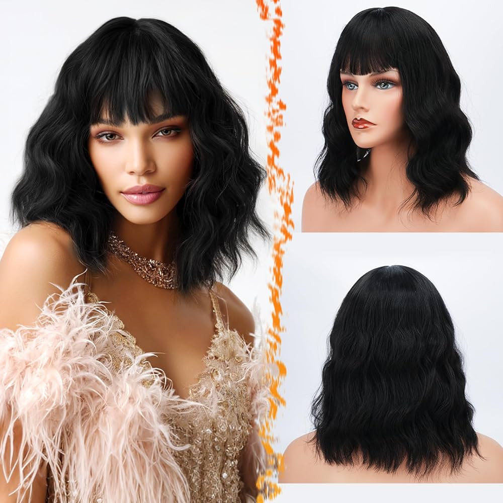 BARSDAR Short Wavy Natural Black Wig with Bangs - 14 Inch Short Wavy Bob Wig with Bangs for Women... | Amazon (US)