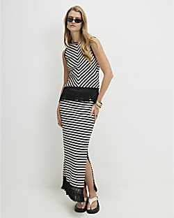 Cream Cotton Blend Fringe Hem Stripe Skirt | River Island UK & IE