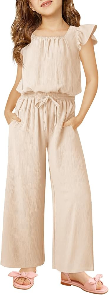 Haloumoning Girls Jumpsuits Kids Fashion Ruffle Sleeves Square Neck Rompers Drawstring Overalls w... | Amazon (US)