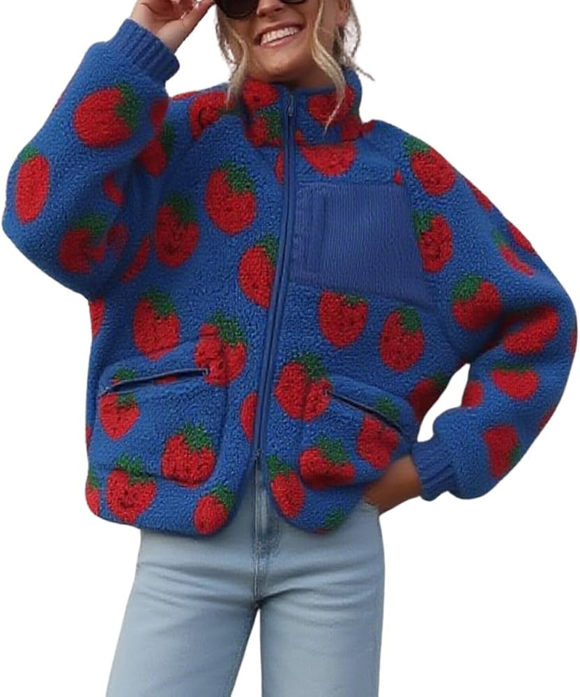 chouyatou Women's Winter Casual Spliced Floral Fleece Jacket Fall Fuzzy Oversized Faux Fur Sherpa... | Amazon (US)