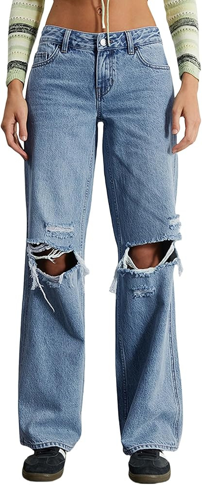Womens Mid Waisted Wide Leg Jeans Distressed Baggy Boyfriend Denim Pants. | Amazon (US)