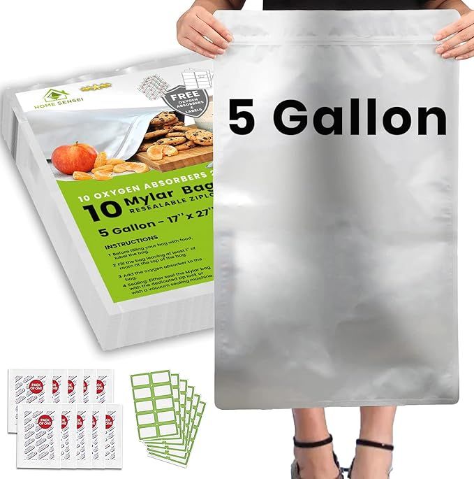 10pcs 5 Gallon Mylar Food Storage Bags - 10 Mil Thick with Oxygen Absorbers 2500cc - Resealable Z... | Amazon (US)