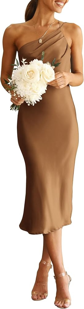 PRETTYGARDEN Women's Midi Satin Dress One Shoulder Spaghetti Strap Backless Ruched Summer Bodycon... | Amazon (US)