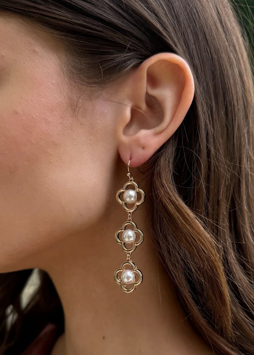 Cassidy Pearl Flower Triple Tiered Dangle Earrings - Gold | Benaar La
