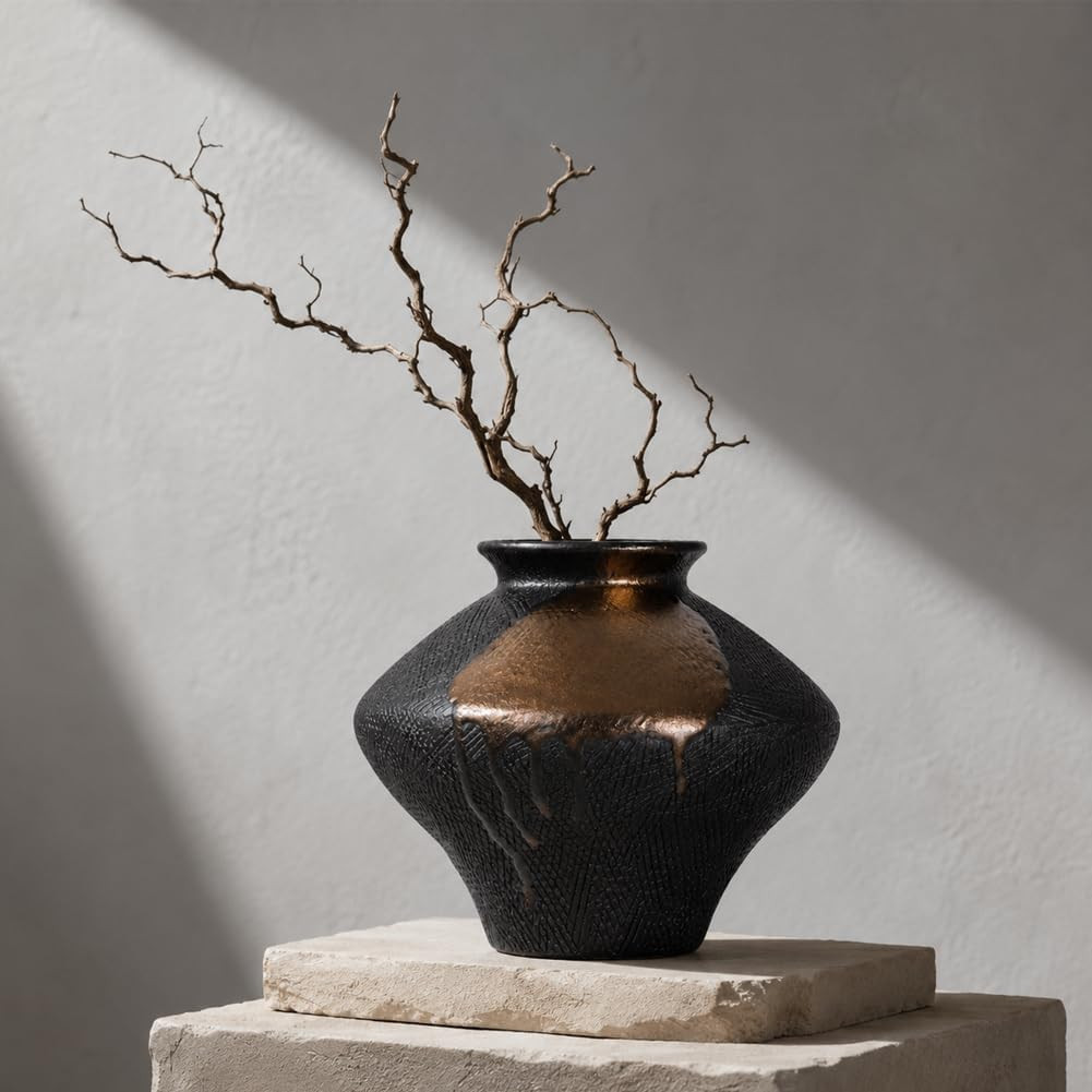 Black Wabi Sabi Vase, Small Rustic Ceramic Vase for Home Decor, Textured Black Pottery-Inspired Decorative Vase for Shelf Coffee Table Console Entryway Curated Modern Decor | Amazon (US)