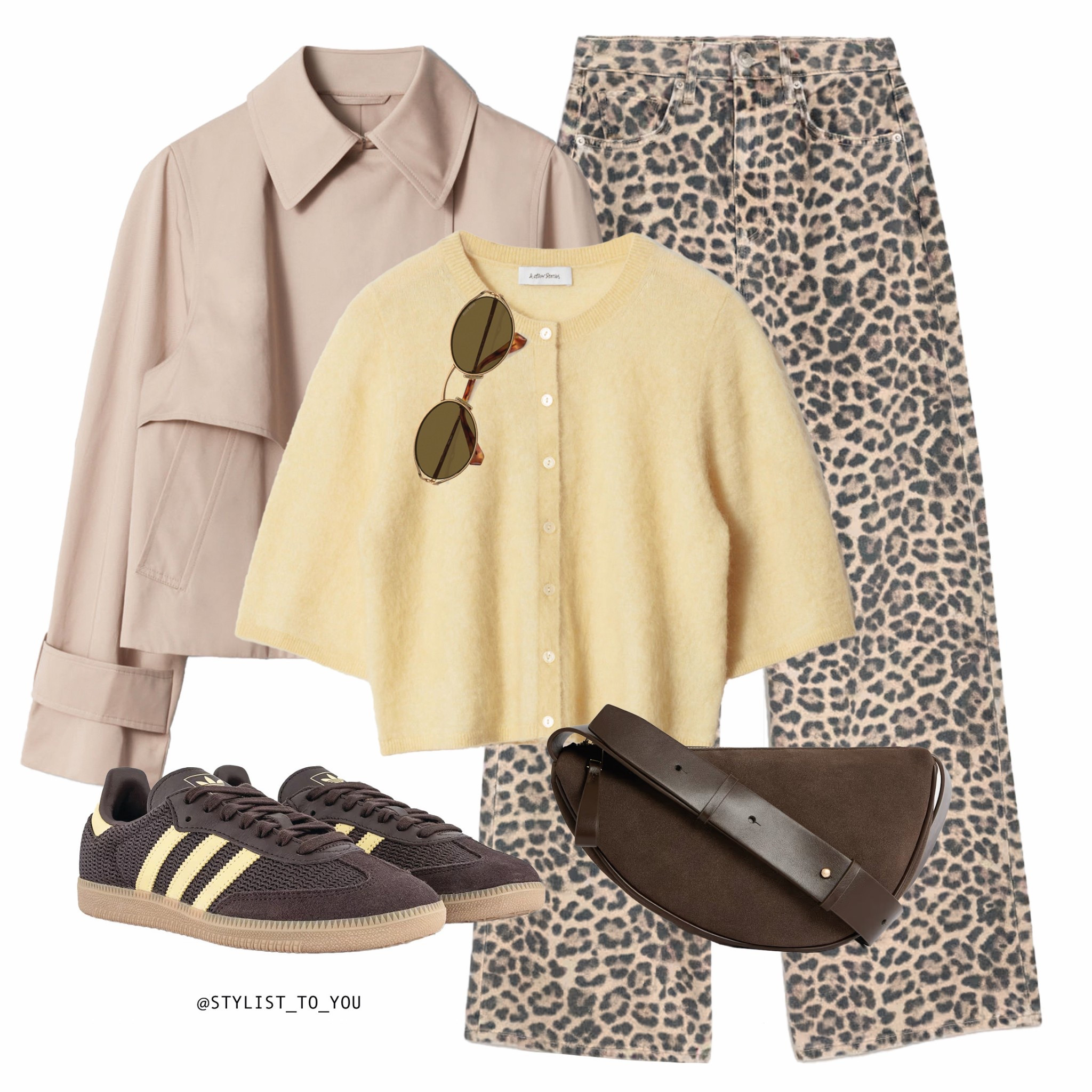Leo & pastels for spring 🐆💛

Flatlay of a spring outfit featuring a soft pastel lemon yellow short-sleeve cardigan, beige cropped trench jacket, leopard print wide-leg jeans, brown Adidas Samba sneakers trainers with lemon stripes, brown suede crossbody bag, and oval designer sunglasses animal print jeans, pastel cardigan, lemon look, spring outfit, leopard print pants, cozy chic, casual spring look, outfit flatlay, Adidas, brown trainers, neutral tones, capsule wardrobe, transitional outfit, street style, spring fashion, everyday look, comfy and stylish, layering outfit, wide-leg jeans, soft pastels, modern casual style, neutral outfit, spring capsule, Parisian chic, fashion flatlay, outfit inspiration, spring vibes, leopard pants outfit, cute spring style, streetwear chic, timeless basics, minimalist style, stylish comfort, cozy neutrals, light layering, classic street style, Scandinavian fashion, muted tones, spring essentials, wardrobe inspiration#LTKxAFSale

#LTKuk #LTKspring